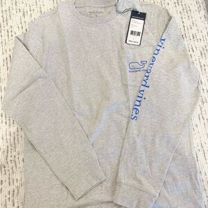 Vineyard Vines Gray Long Sleeve Logo Tee with Blue Whale Print